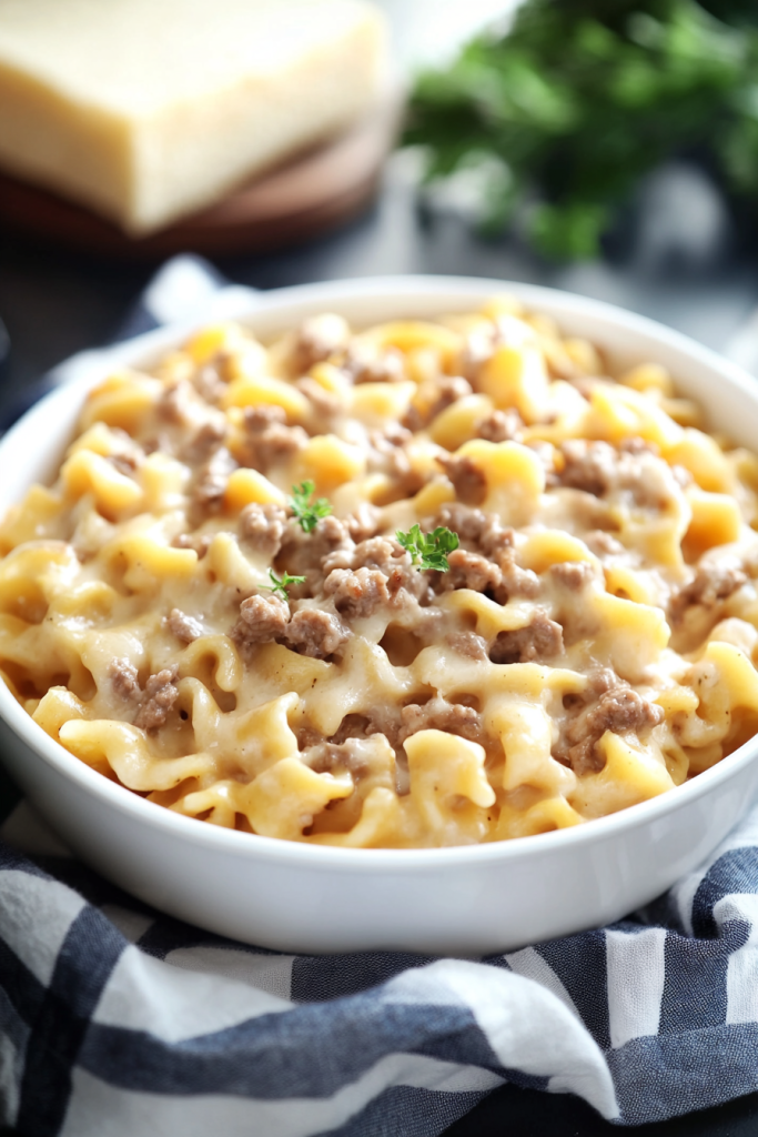 Golden baked noodles with melted cheese and beef in a white casserole dish.