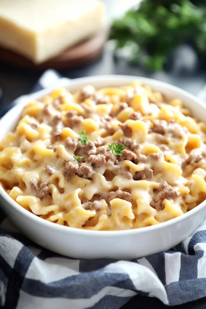 Golden baked noodles with melted cheese and beef in a white casserole dish.