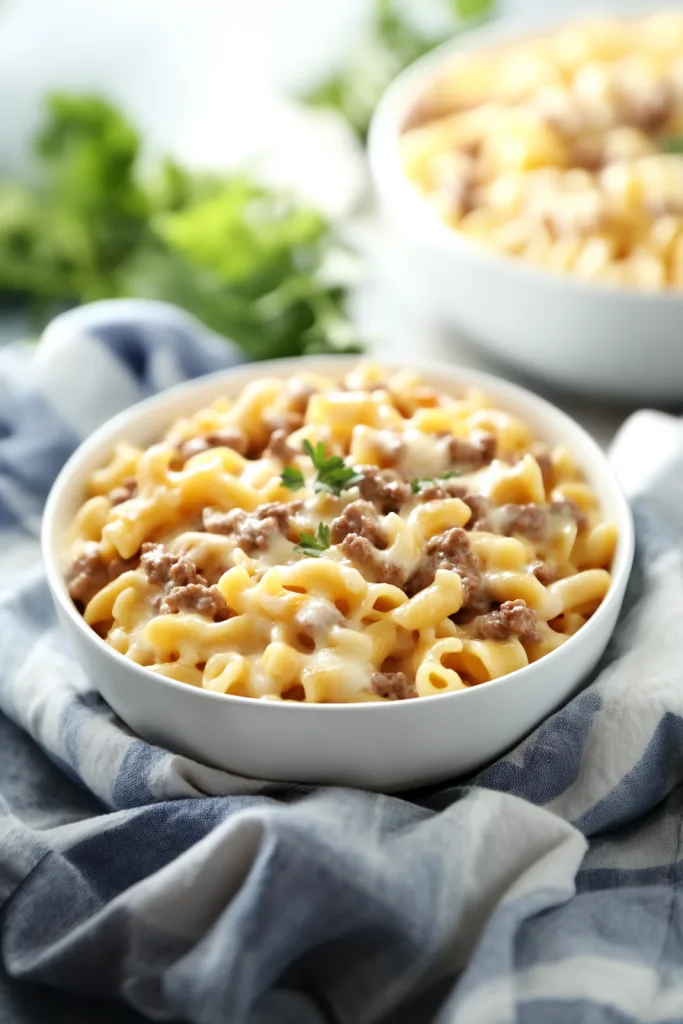 Hearty pasta casserole served hot, topped with browned cheese.