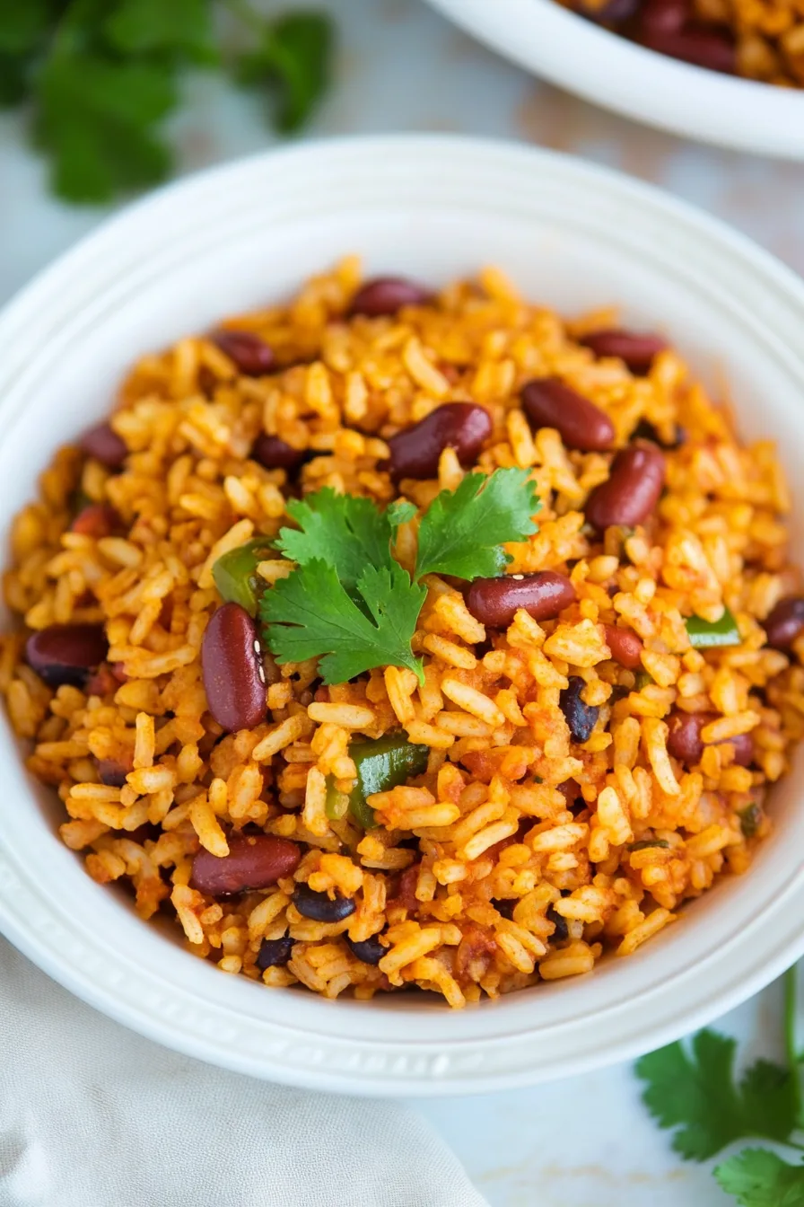 Rustic presentation of rice and beans in a white bowl with a sprig of cilantro on top.