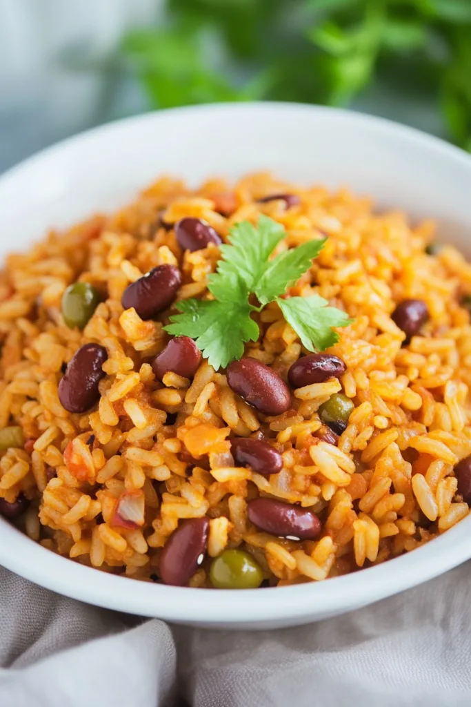 Hearty rice dish with beans and peas, emphasizing the vibrant colors and appetizing mix.