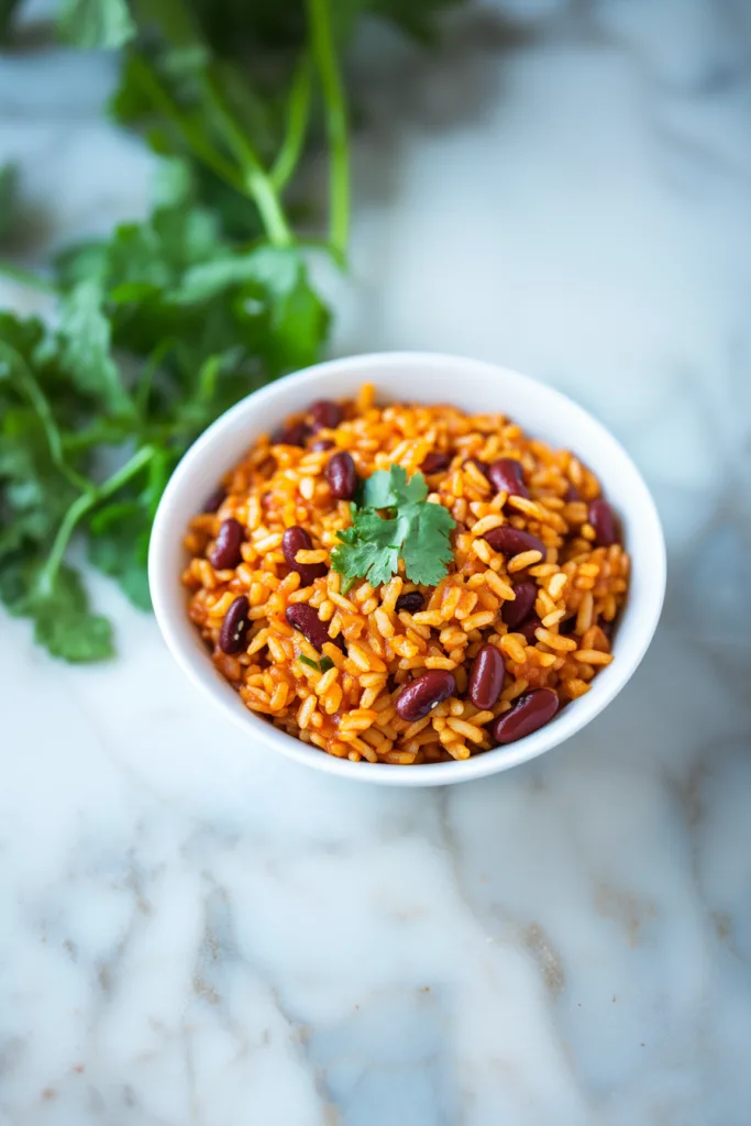 Bowl of seasoned rice mixed with kidney beans, peas, and vegetables, topped with fresh cilantro.