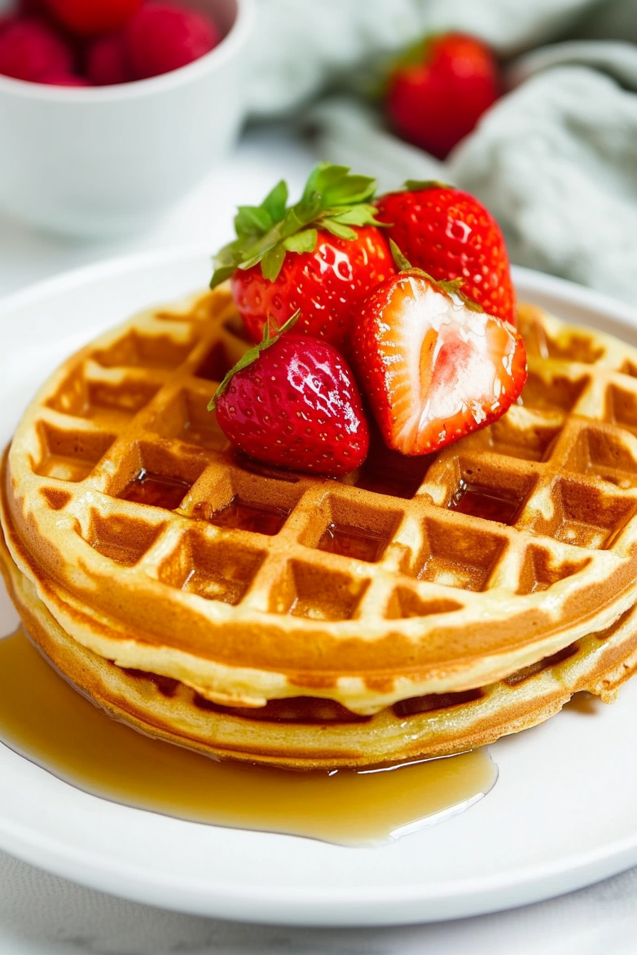 Two waffles served with strawberries and raspberries, highlighting the contrast of golden brown and vibrant red.