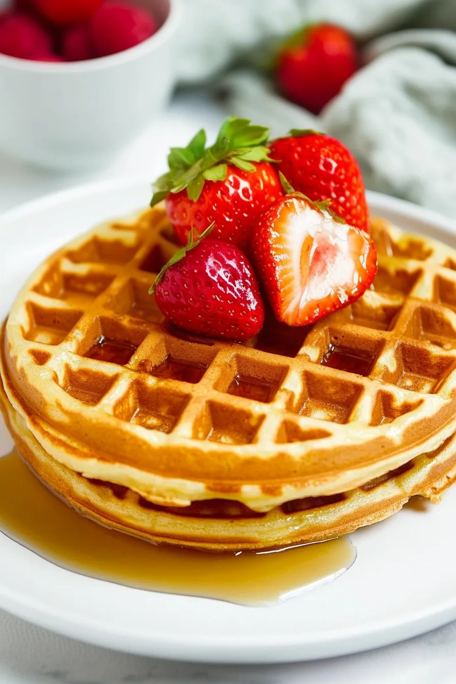 Two waffles served with strawberries and raspberries, highlighting the contrast of golden brown and vibrant red.