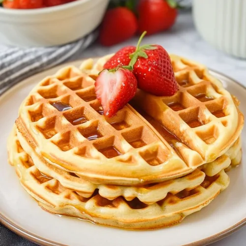 Breakfast scene featuring waffles, fresh fruit, and syrup, captured with warm tones and textures.