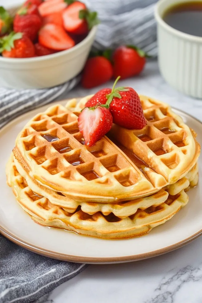 Breakfast scene featuring waffles, fresh fruit, and syrup, captured with warm tones and textures.