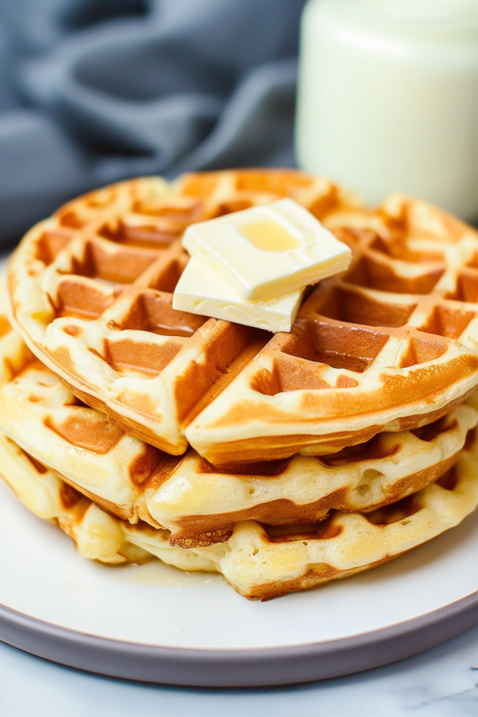 Warm breakfast scene featuring waffles, butter squares, and syrup against a soft gray backdrop.