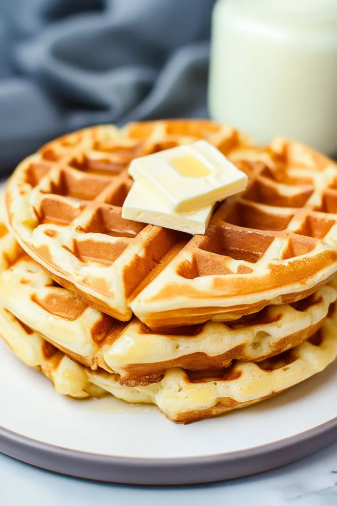 Warm breakfast scene featuring waffles, butter squares, and syrup against a soft gray backdrop.