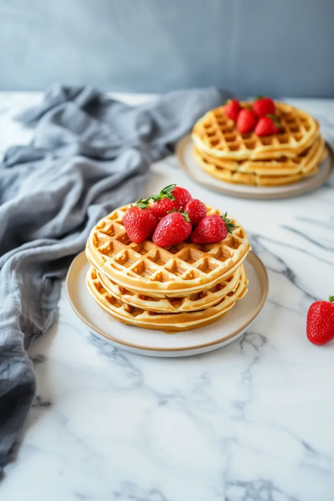 Golden waffles stacked on a white plate, topped with fresh strawberries and drizzled with maple syrup.