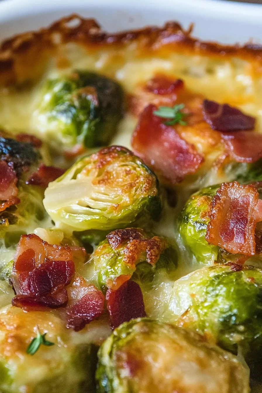 Casserole dish filled with Brussels sprouts and browned cheese.