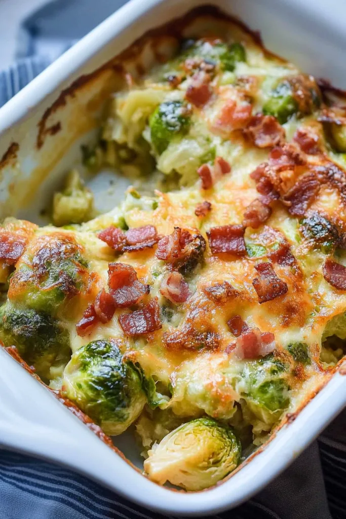 Golden gratin with melted cheese and savory bacon pieces.