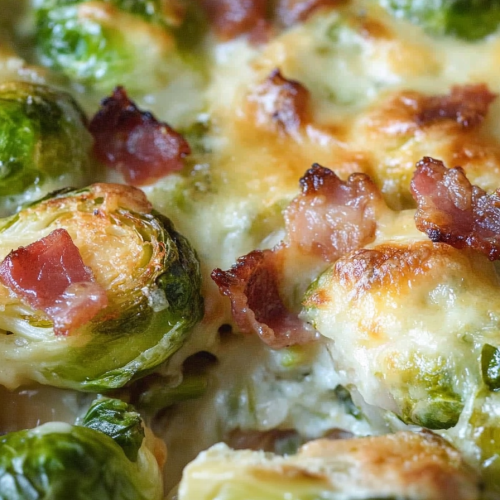 Layered Brussels sprouts gratin with caramelized edges.