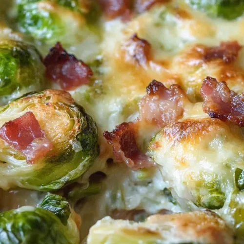 Layered Brussels sprouts gratin with caramelized edges.