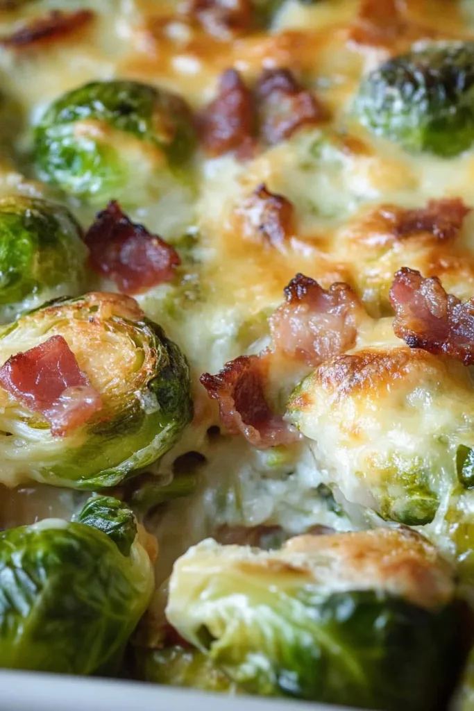 Layered Brussels sprouts gratin with caramelized edges.