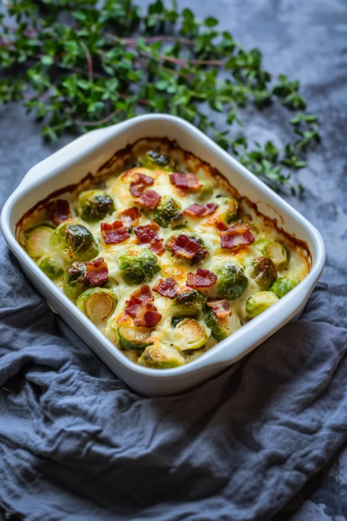 Cheesy baked Brussels sprouts topped with crispy bacon.