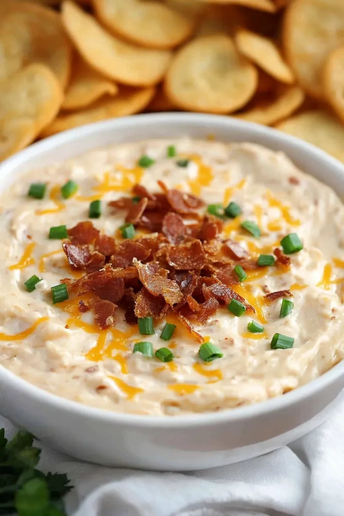 Creamy dip topped with crumbled bacon, shredded cheese, and green onions, served in a bowl surrounded by crackers.