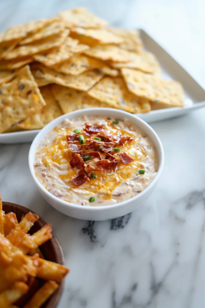 Bowl of indulgent dip with crunchy toppings, paired with crisp crackers for dipping.