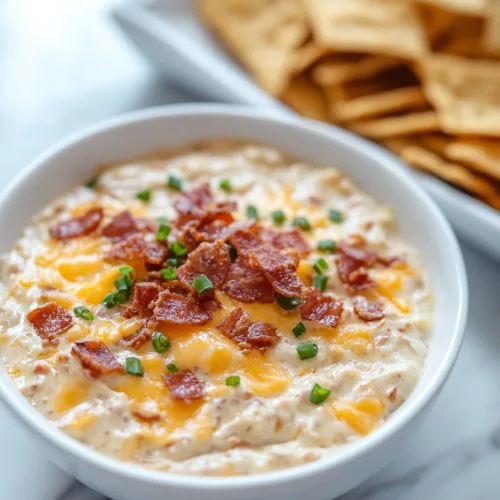 Close-up of rich cheese dip with crispy bacon pieces and fresh herbs on top.
