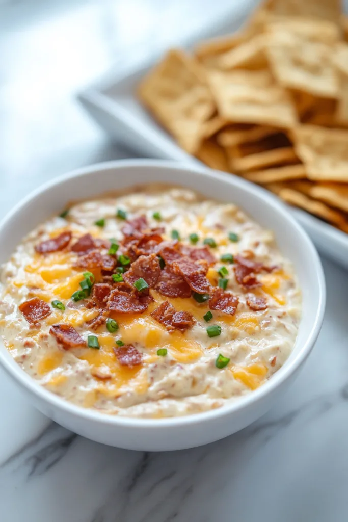 Close-up of rich cheese dip with crispy bacon pieces and fresh herbs on top.