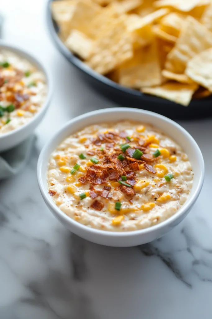 Warm, cheesy dip garnished with bacon and scallions, highlighting its creamy texture.