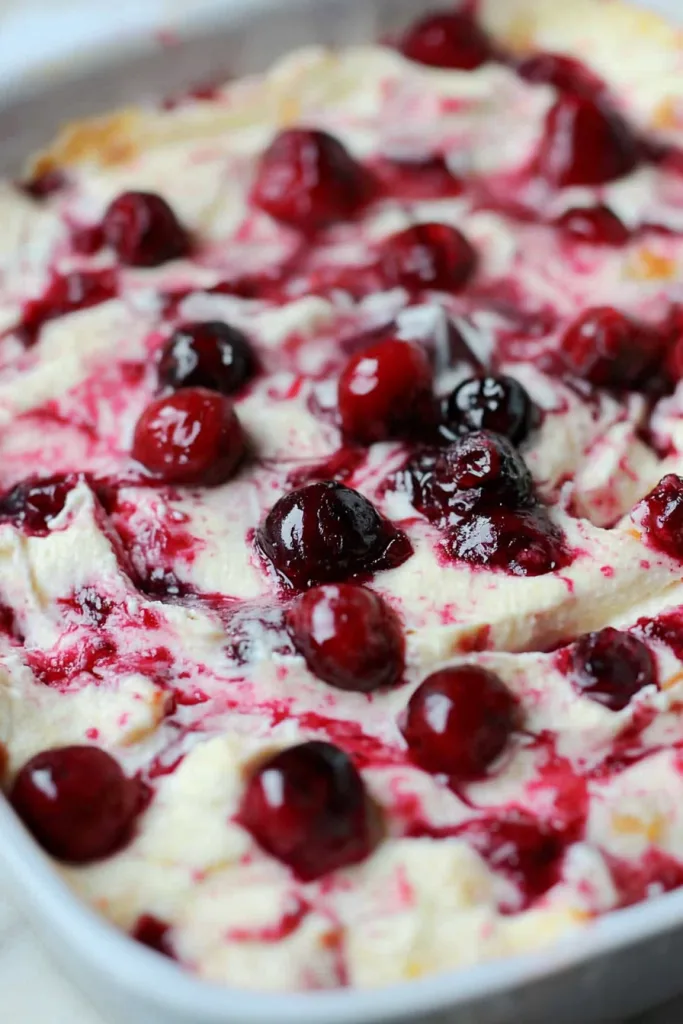 Festive baked dip with glossy cranberry sauce and fresh berries.