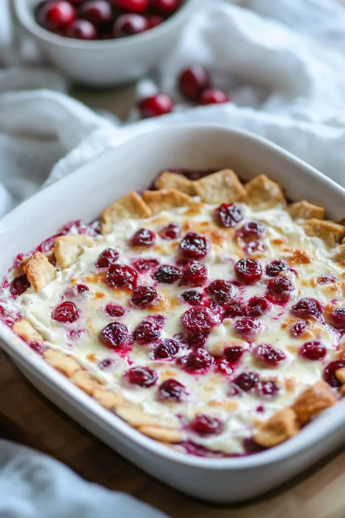 Warm cream cheese dip topped with whole cranberries and sauce swirls.
