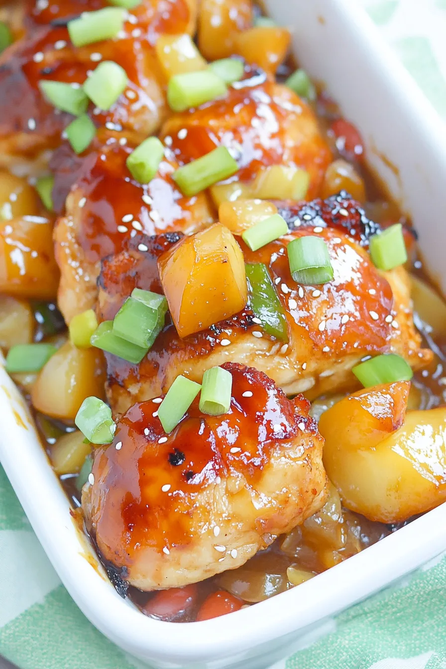 Savory chicken and pineapple combination presented in a rectangular dish for serving.