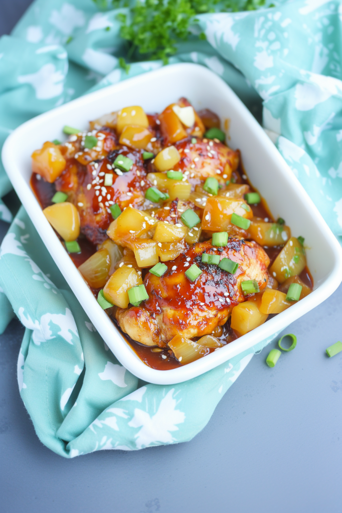 White serving dish filled with saucy chicken, styled with bright toppings for contrast.