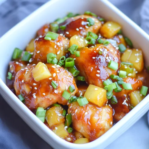Glazed chicken pieces coated in shiny sauce with pineapple chunks and sesame seeds.