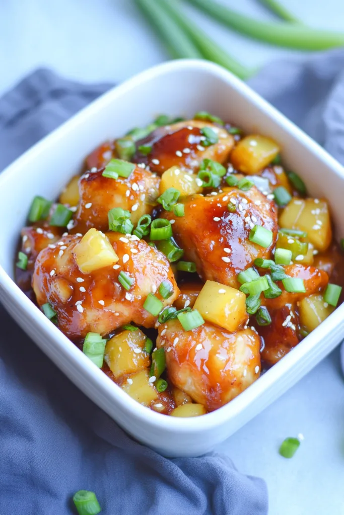 Glazed chicken pieces coated in shiny sauce with pineapple chunks and sesame seeds.