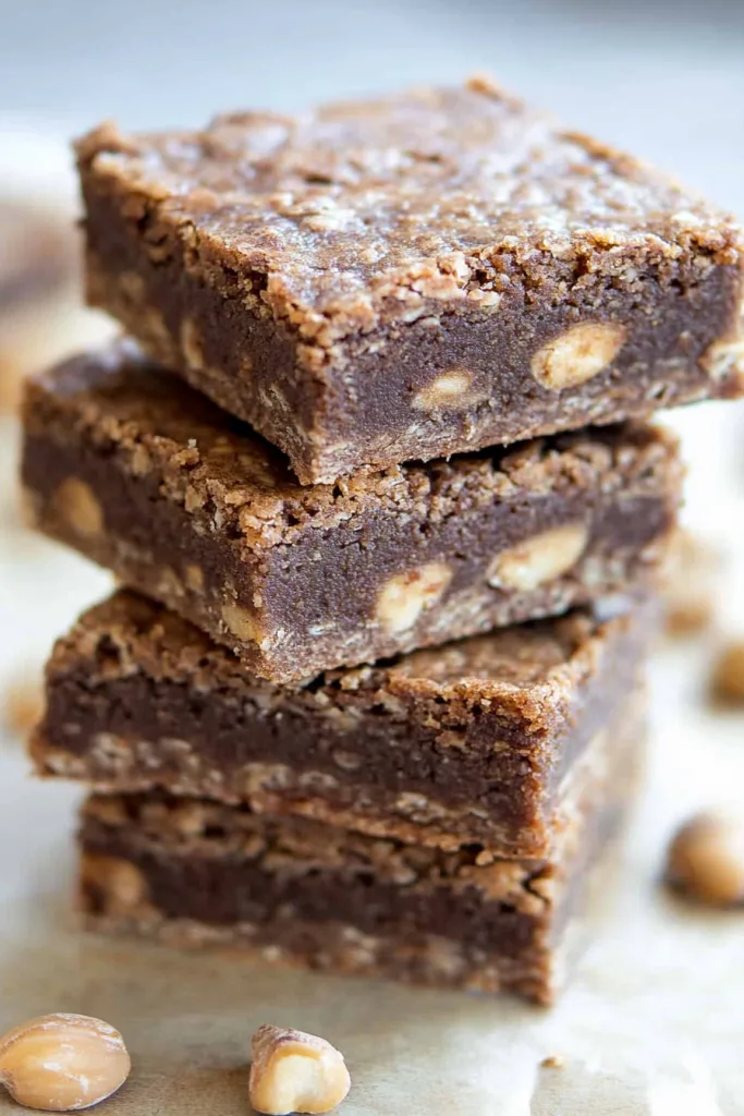 Stacked chocolate-colored bars with visible peanut pieces.