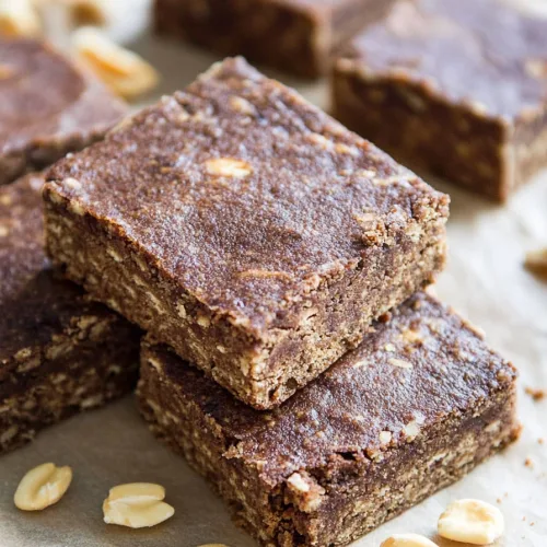 Close-up of dense, crumbly snack bars on parchment paper.