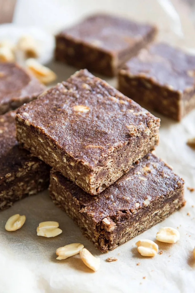 Close-up of dense, crumbly snack bars on parchment paper.