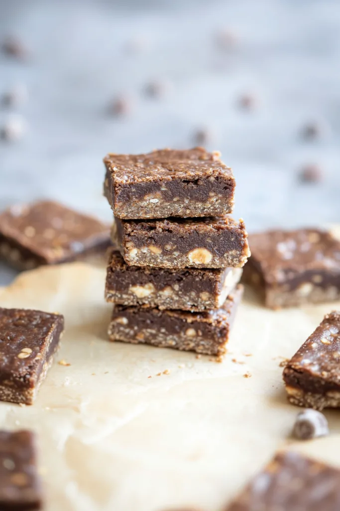Baked Protein Bar Recipe displayed as square bars with peanut garnish.