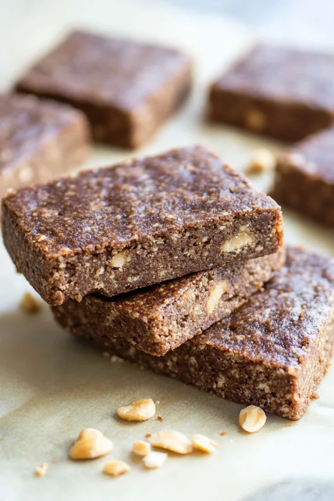 Homemade protein bars cut into thick squares with rough texture.