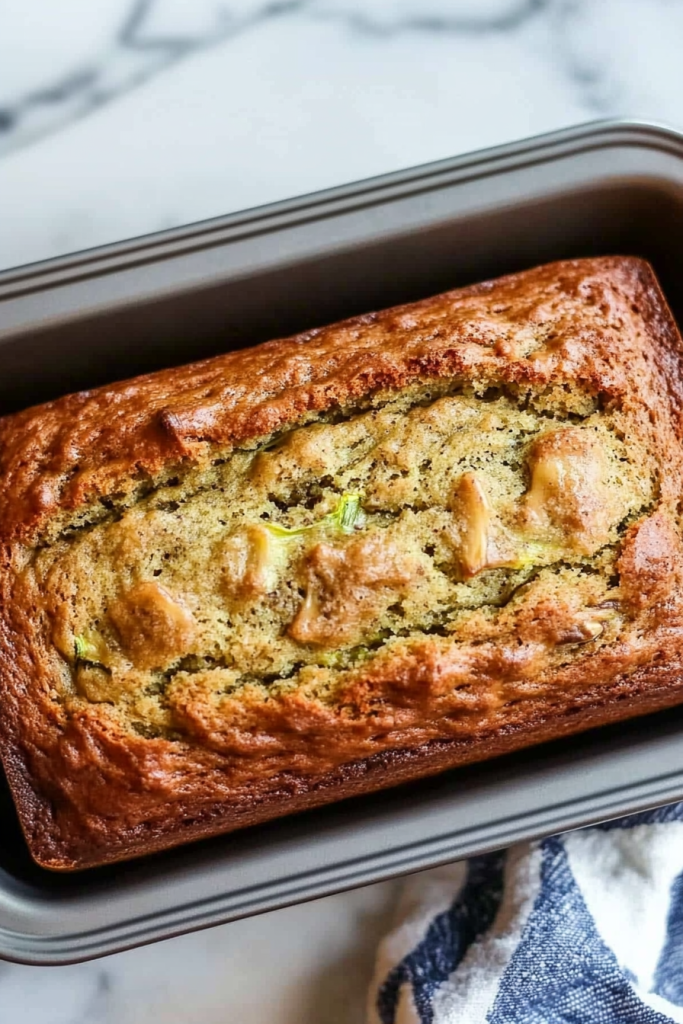 Banana zucchini bread showing a soft, wholesome interior and rustic golden crust