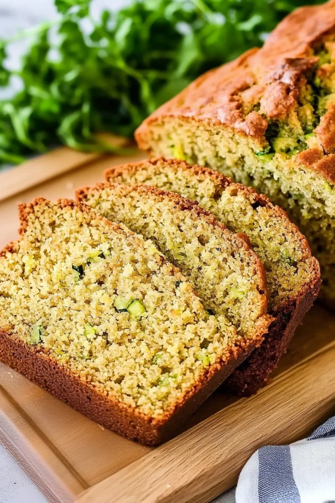 Freshly baked loaf of zucchini bread sliced to show its moist interior