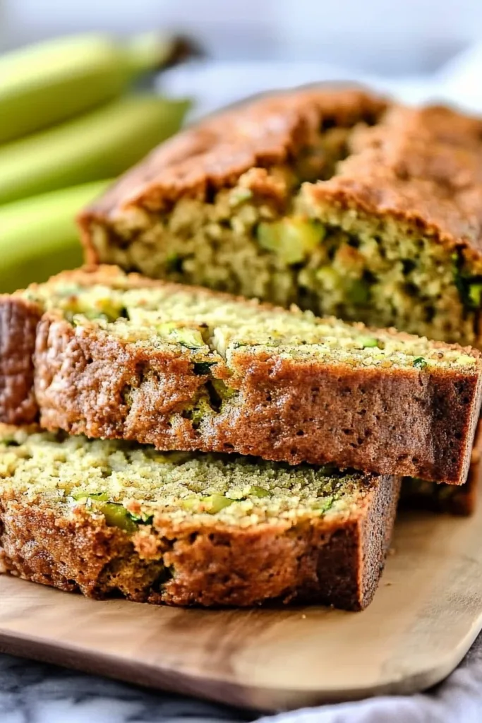 Sliced zucchini bread on a wooden cutting board with whole zucchinis in the background