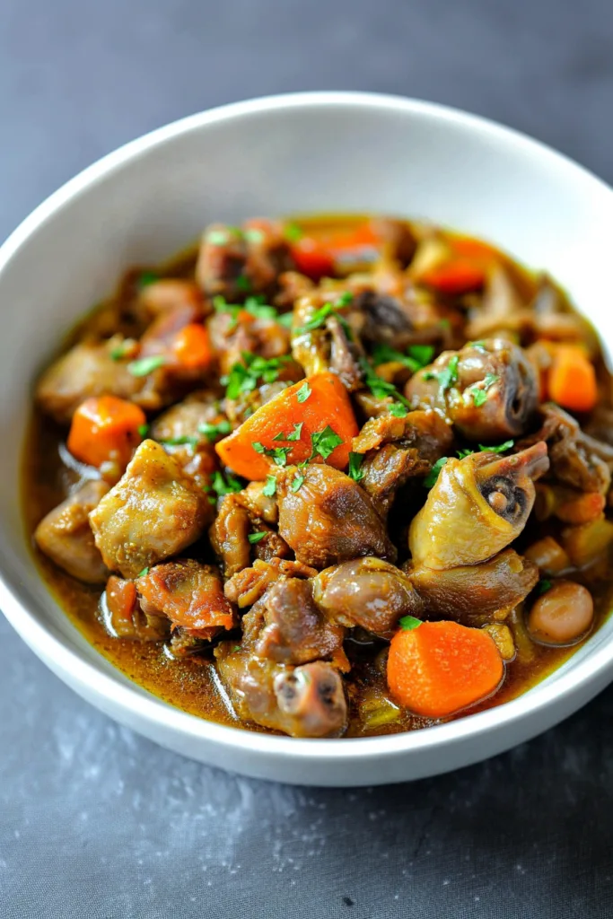 White bowl filled with saucy chicken offal and colorful vegetables.