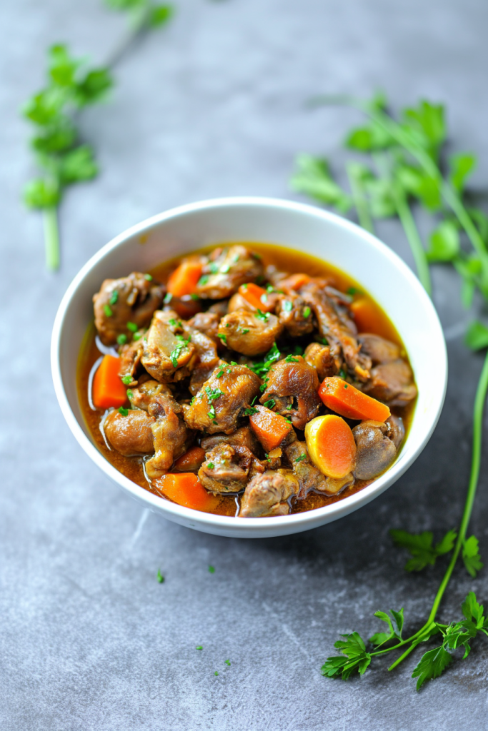 Tender chicken gizzards and hearts served in a savory sauce with carrots.