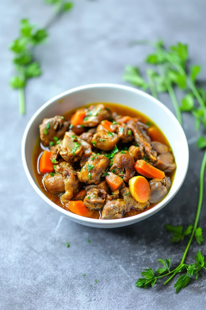 Tender chicken gizzards and hearts served in a savory sauce with carrots.