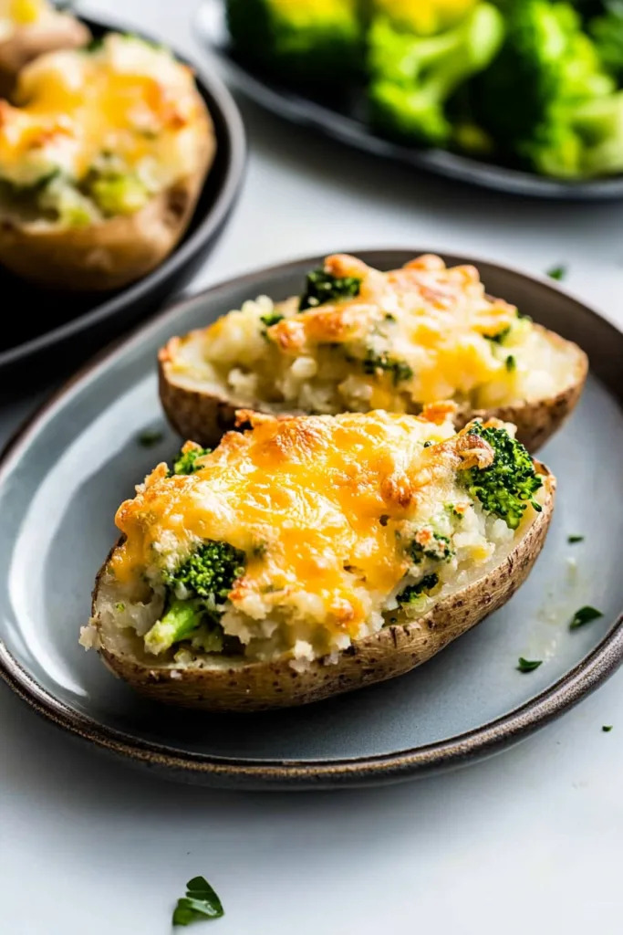 Golden cheese-topped potato skins loaded with broccoli and served on a gray plate.