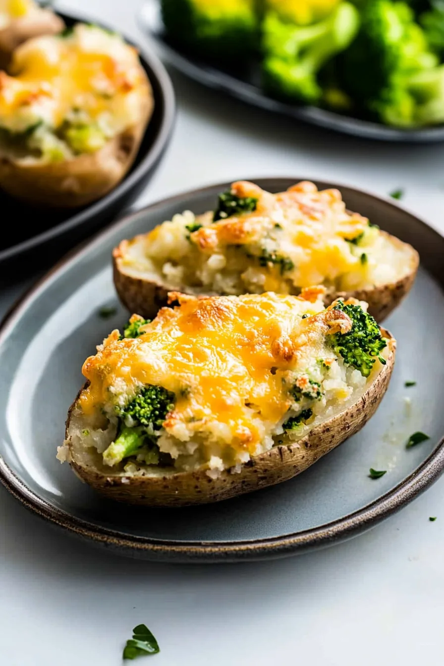 Golden cheese-topped potato skins loaded with broccoli and served on a gray plate.