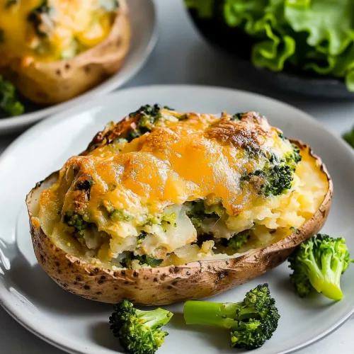 Close-up of crispy potato shells stuffed with a cheesy broccoli mixture and baked until golden.