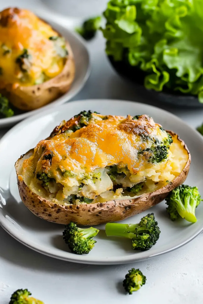 Close-up of crispy potato shells stuffed with a cheesy broccoli mixture and baked until golden.