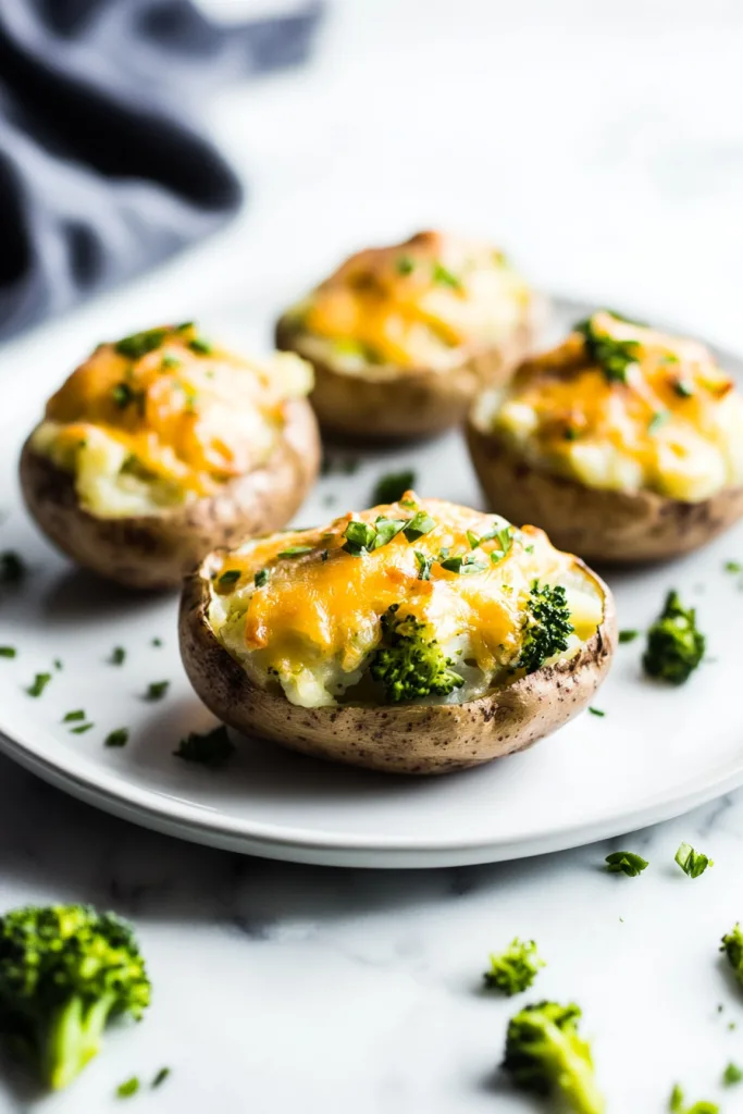 Baked potato halves filled with creamy mashed potatoes, broccoli florets, and melted cheddar cheese.
