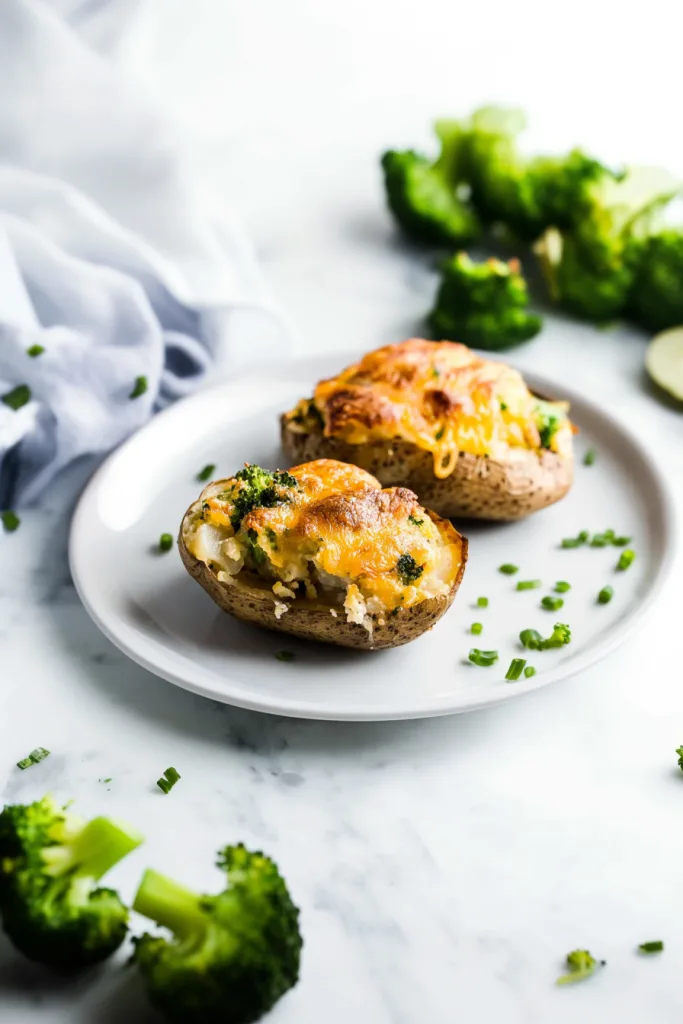 Broccoli Cheddar Stuffed Potatoes fresh from the oven with a bubbly, golden-brown cheese topping.