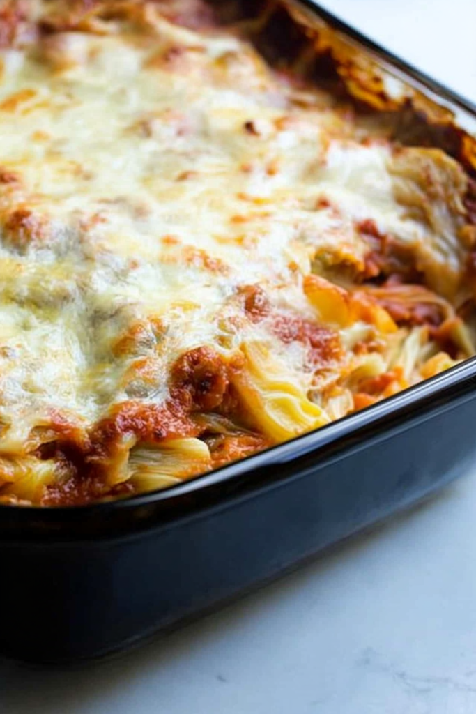 Close-up of baked pasta layers with ground meat and fresh basil garnish