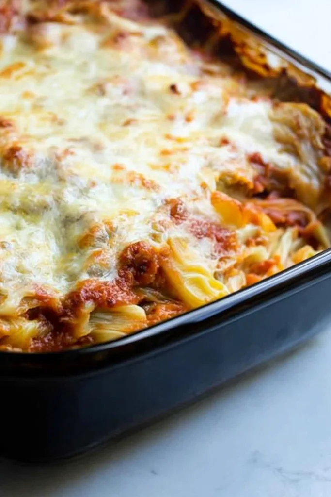 Close-up of baked pasta layers with ground meat and fresh basil garnish
