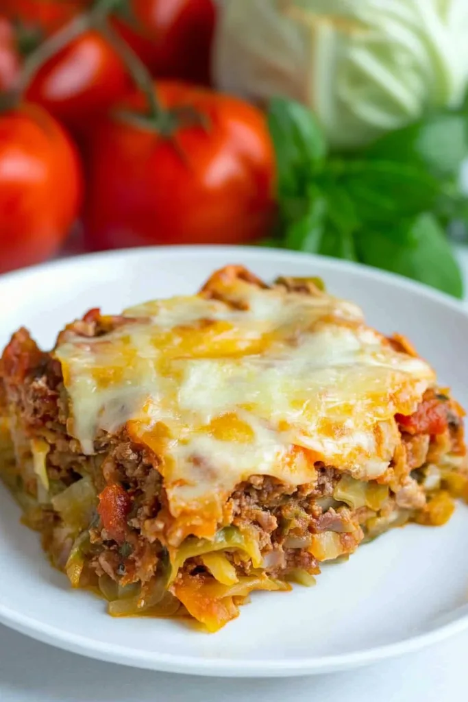 Rich casserole slice showing cheese, cabbage, and tomato filling